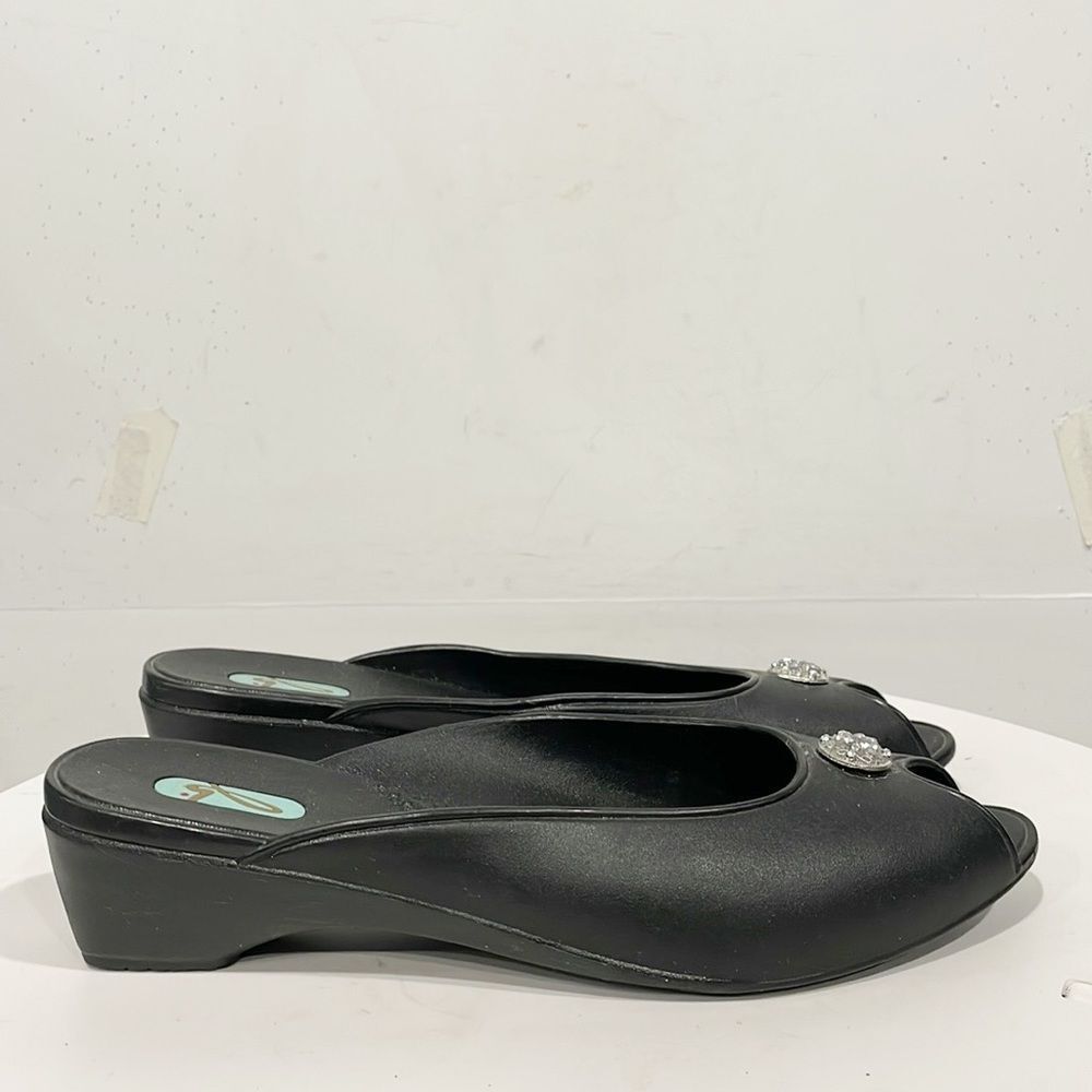 OKA b. Black Peep-Toe Wedges with Jewel Accent - Picture 3 of 10